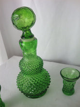 Load image into Gallery viewer, Vintage Green Diamond Point Small Decanter with Stopper and Three Glasses