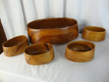 Load image into Gallery viewer, Vintage Carved Wood Oval Serving Bowl and 4 Individual Bowls Set
