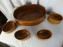 Load image into Gallery viewer, Vintage Carved Wood Oval Serving Bowl and 4 Individual Bowls Set