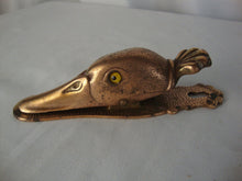 Load image into Gallery viewer, Antique Brass Cast Iron Duck Head Bill Letter Holder Yellow Glass Eyes Table or Wall