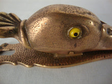 Load image into Gallery viewer, Antique Brass Cast Iron Duck Head Bill Letter Holder Yellow Glass Eyes Table or Wall