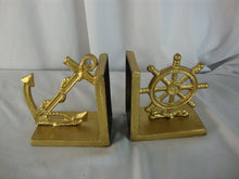Load image into Gallery viewer, Vintage Brass Metal Ship Wheel and Anchor with Rope Bookend Pair