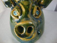 Load image into Gallery viewer, Marvin Bailey Folk Art Potter Blue Tan Green Beady Eye Small Pig Ugly Face Jug