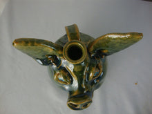 Load image into Gallery viewer, Marvin Bailey Folk Art Potter Blue Tan Green Beady Eye Small Pig Ugly Face Jug