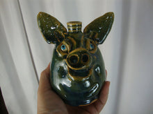 Load image into Gallery viewer, Marvin Bailey Folk Art Potter Blue Tan Green Beady Eye Small Pig Ugly Face Jug
