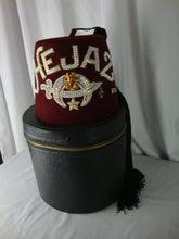 Load image into Gallery viewer, Vintage Hejaz Shriners Jeweled Several Pins Fez 6 3/4 Hat Size with Hatbox