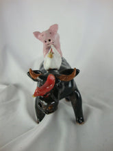 Load image into Gallery viewer, Lynn Bailey Folk Art Pottery Black Bull Cow Pig Hen on Back Cardinal on Neck 6 Inch Figurine