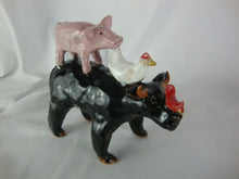 Load image into Gallery viewer, Lynn Bailey Folk Art Pottery Black Bull Cow Pig Hen on Back Cardinal on Neck 6 Inch Figurine