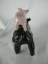 Load image into Gallery viewer, Lynn Bailey Folk Art Pottery Black Bull Cow Pig Hen on Back Cardinal on Neck 6 Inch Figurine