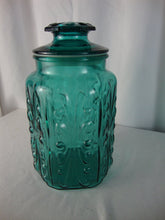 Load image into Gallery viewer, Vintage Teal Blue Glass LE Smith Atterbury Scroll Canister with Lid