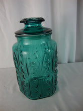 Load image into Gallery viewer, Vintage Teal Blue Glass LE Smith Atterbury Scroll Canister with Lid
