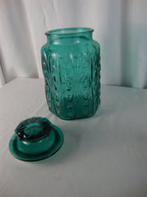 Load image into Gallery viewer, Vintage Teal Blue Glass LE Smith Atterbury Scroll Canister with Lid