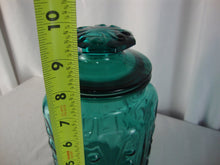 Load image into Gallery viewer, Vintage Teal Blue Glass LE Smith Atterbury Scroll Canister with Lid