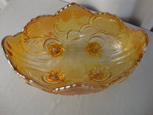 Load image into Gallery viewer, Vintage Jeanette Lombardi Marigold Carnival Glass Footed Bowl