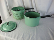 Load image into Gallery viewer, Vintage Mint Green Black Enamel Three Piece Steamer Pot with Lid