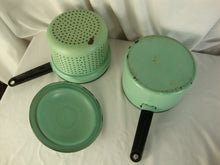 Load image into Gallery viewer, Vintage Mint Green Black Enamel Three Piece Steamer Pot with Lid