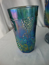 Load image into Gallery viewer, Vintage Indiana Glass Blue Carnival Harvest Grapes Footed Pitcher and (3) Tumbler Glasses