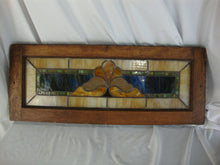 Load image into Gallery viewer, Vintage Stained Glass Blue Cream Green Window Panel in Wood Window Frame