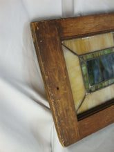 Load image into Gallery viewer, Vintage Stained Glass Blue Cream Green Window Panel in Wood Window Frame