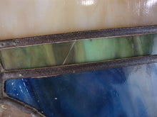 Load image into Gallery viewer, Vintage Stained Glass Blue Cream Green Window Panel in Wood Window Frame