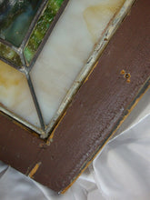 Load image into Gallery viewer, Vintage Stained Glass Blue Cream Green Window Panel in Wood Window Frame