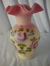 Load image into Gallery viewer, Vintage Fenton Burmese Uranium Handpainted Floral Ruffled Top Vase
