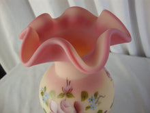 Load image into Gallery viewer, Vintage Fenton Burmese Uranium Handpainted Floral Ruffled Top Vase
