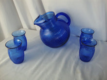 Load image into Gallery viewer, 1930s Hazel Atlas Cobalt Blue Fine Ribbed Ball Pitcher and Four Tumbler Glasses