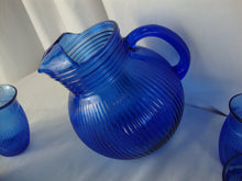 Load image into Gallery viewer, 1930s Hazel Atlas Cobalt Blue Fine Ribbed Ball Pitcher and Four Tumbler Glasses