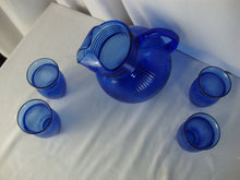 Load image into Gallery viewer, 1930s Hazel Atlas Cobalt Blue Fine Ribbed Ball Pitcher and Four Tumbler Glasses
