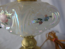 Load image into Gallery viewer, Vintage Fenton White Iridescent Handpainted Hearts Flowers Electric Student Lamp with Marble Base