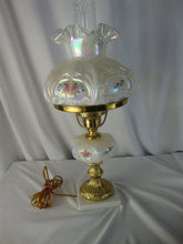 Load image into Gallery viewer, Vintage Fenton White Iridescent Handpainted Hearts Flowers Electric Student Lamp with Marble Base