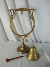 Load image into Gallery viewer, Vintage Etched Brass Dinner Arrival Bell with Brass Etched Stand with Wood Gong