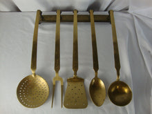 Load image into Gallery viewer, Vintage Brass 5 Piece Kitchen Utensil Set with Brass Wall Mount Hanger