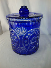 Load image into Gallery viewer, Vintage Czech Bohemian Cobalt Blue Cut to Clear Crystal Lidded Biscuit Jar