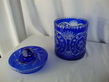 Load image into Gallery viewer, Vintage Czech Bohemian Cobalt Blue Cut to Clear Crystal Lidded Biscuit Jar
