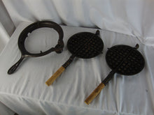 Load image into Gallery viewer, Vintage Griswold #8 New American No Logo Low Base Cast Iron Waffle Maker with Wood Handles & Holder