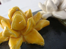 Load image into Gallery viewer, Handmade USA Pottery Footed Shallow Clover Shape Dish with Swan Flower Motif