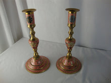 Load image into Gallery viewer, Vintage Pink Floral Cloisonne Brass Candlestick Set of 2