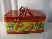 Load image into Gallery viewer, 1950s Tin Circus Animal Instruments Kids Lunch Picnic Box with Swing Handles