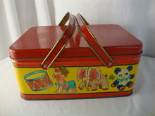 Load image into Gallery viewer, 1950s Tin Circus Animal Instruments Kids Lunch Picnic Box with Swing Handles