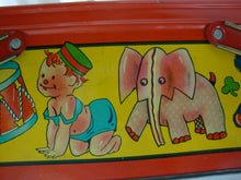Load image into Gallery viewer, 1950s Tin Circus Animal Instruments Kids Lunch Picnic Box with Swing Handles