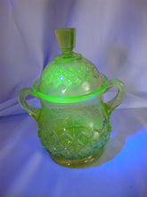 Load image into Gallery viewer, Antique Vaseline Glass Diamond Pattern Double Handled Jar with Dome Lid