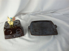 Load image into Gallery viewer, Vintage Ceramic Cheese Mouse on Brown Ceramic Swiss Cheese Plate with Dome Lid