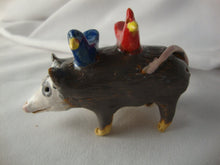 Load image into Gallery viewer, Lynn Bailey Folk Art Potter Gray Opossum with Red and Blue Bird Small Animal Stack Figurine