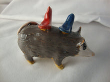 Load image into Gallery viewer, Lynn Bailey Folk Art Potter Gray Opossum with Red and Blue Bird Small Animal Stack Figurine