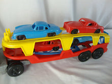 Load image into Gallery viewer, Vintage Thomas Mfg Thomas Express Molded Plastic Toy Car Carrier with Car Hauler with Toy Cars