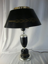Load image into Gallery viewer, Toleware Black Gold Electric Table Lamp with Milk Glass Flare Globe Insert