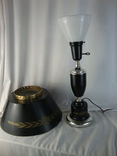 Load image into Gallery viewer, Toleware Black Gold Electric Table Lamp with Milk Glass Flare Globe Insert