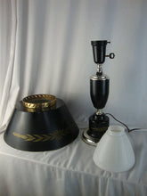 Load image into Gallery viewer, Toleware Black Gold Electric Table Lamp with Milk Glass Flare Globe Insert